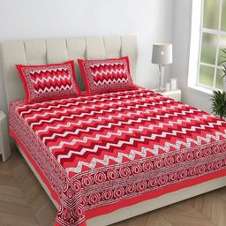 Monik Handicrafts Red & White Printed 144 TC Cotton King Bedsheet Set 2.28 m x 2.62 m-image-65
