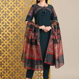 Anouk Green Floral Embroidered Kurta With Trouser & Dupatta-image-69