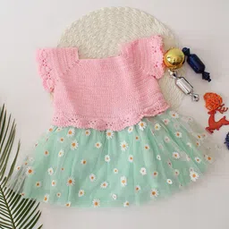 Woonie Girls Floral Printed Crochet Cap Sleeves Fit & Flare Knee Length Dress-picture-3