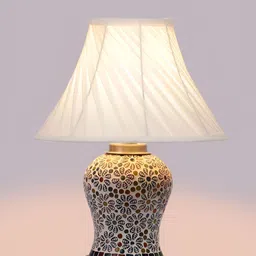 Devansh Off White Textured Frusturical Shaped Wooden Table Lamp & Mosaic Glass-15