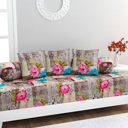 HOME AFFAIRS 6-Pcs Brown & Pink Printed Cotton 220 Thread Count Cotton Single Diwan Set-14