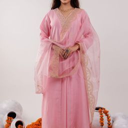 Yufta Women Embroidered Thread Work Kurta with Trousers & With Dupatta-image-2