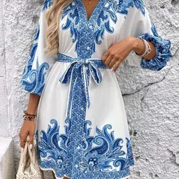 Routes by All About You Women PaisleyPrinted V-Neck Shirt Dress with Belt-image-67
