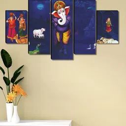Aura Blue & White 5 Piece Wood Religious Wall Paintings-11