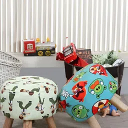 Shadowkart Blue & Red Graphic Printed Wooden Round Shaped Ottomans-49