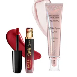 FACES CANADA Set Of 2 Comfy Matte Lipstick-3.8ml-05 & Strobe Cream-30ml-Rose Gold-12