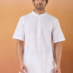 Fabindia Geometric Woven Design Band Collar Dobby Cotton Short Kurta-picture-25
