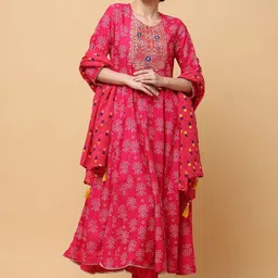 Angkor Women Ethnic Motifs Printed Tiered Thread Work Kurta with Trousers & With Dupatta-picture-15