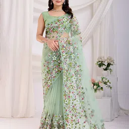 HERE&NOW Floral Embroidered Net Saree-picture-10