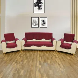 BIGGER FISH Maroon Checked Velvet Sofa Cover With Arms-image-46