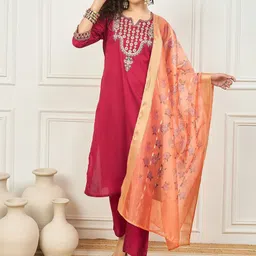 House of Pataudi Embroidered Straight Kurta & Trousers With Dupatta-picture-42