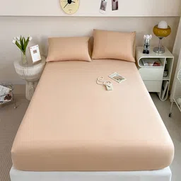 JC HOME Cream Fitted Pure Cotton 220 TC Queen Bedsheet Set-2.00 m x 1.50 m-image-97