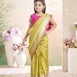 Aarika Girls Geometric Woven Design Zari Pure Silk Block Print Saree-picture-14