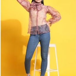 Rujave Floral Printed Tie-Up NeckPuffed Sleeves Organza Shirt Style Top-picture-7