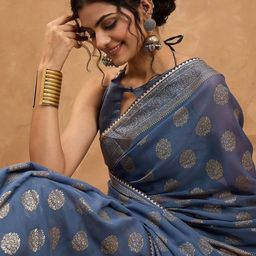 Saree mall Ethnic Motifs Woven Design Zari Pure Chiffon Chanderi Sarees-picture-9