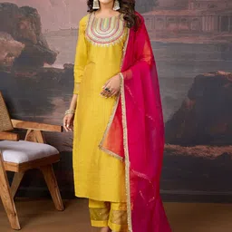House of Pataudi Embroidered Straight Kurta & Trousers With Dupatta-57