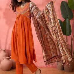 Sangria Orange Mirror Work V-Neck Empire A-Line Kurta With Trousers And Dupatta-picture-57
