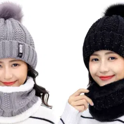 Combo Woolen Beanie Caps with Scarf Set soft Warm fur Lining for girls|Women Beanie-26