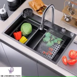 Luxurious Kitchen Sink with Integrated Waterfall and Pull-down Faucet (30x18x9 inch - Black Nano Coating), High Grade Stainless Steel Vessel Sink-image-12