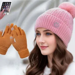 winter woolen smiley caps ( Fur inside ) touchscreen gloves set for girls Woven Beanie-31