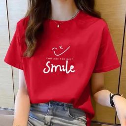 Women Printed Round Neck Pure Cotton Red T-Shirt-image-62