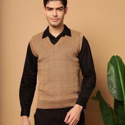 Men Self Design V Neck Brown Sweater-image-71