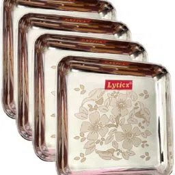 Pack of 4 Stainless Steel Square Shape Dinner / Lunch / Breakfast / Snacks Plate, 20 CM Dinner Set-7