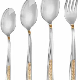 fns Midas 24 Karat Gold Plated - 6 Dinner Spoon, 6 Fork, 6 Tea Spoons & 6 Baby Spoon Stainless Steel Cutlery Set image 2