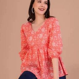 Casual Balloon Sleeve Printed Women Red, White Top-image-4