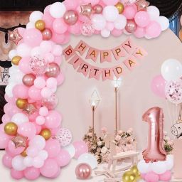 Solid 1st Happy Birthday Rose Gold, Pink & White Balloon Birthday Decoration Balloon Bouquet-image-69