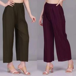 Pack of 2 Women Regular Fit Green, Purple Viscose Rayon Trousers-image-83