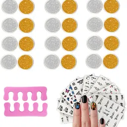 Silver Golden Glitters Dust Powder Sparkling Nail Art Toe Finger Separator Different Patterns Sticker Sheets 9 pcs-12