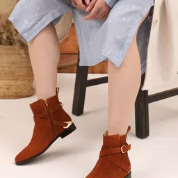 Saint G Women Tan Brown Buckle Decor Leather Ankle Boots-picture-35