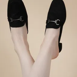 DressBerry Black Buckles Detail Block Heeled Mules-30
