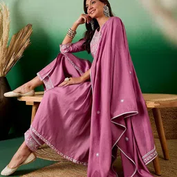 Sangria Embroidered Sequined A-Line Kurta With Palazzos & Dupatta image 4