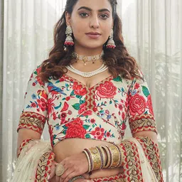 FABPIXEL White & Red Printed Beads and Stones Semi-Stitched Lehenga & Unstitched Blouse With Dupatta image 5