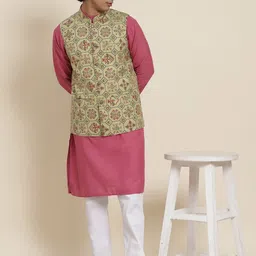 SOJANYA Men Mauve Pure Cotton Kurta with Pyjamas & Nehru Jacket image 4