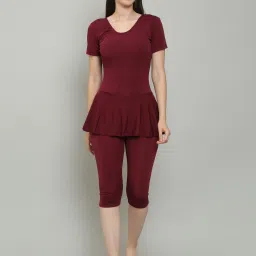 Knee Length Removable Chest Pads One Piece Frock Style Solid Women Swim-dress Purple Swimsuit-image-1