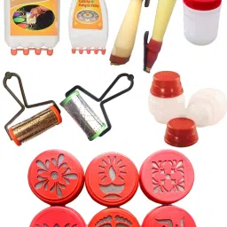 Rangoli making tools kit- 1 Rangeela patta, 1 Galicha patta, 2 Small and 1 Big Fillers, 2 Rangoli Outline pens, 2 Rollers, 6 Stamp Fillers Rangoli Stencil-image-81