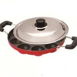 competent 12 Cavity Red Appam Patra Paddu Maker Paniarakkal with Lid 1 L capacity 23 cm diameter-23