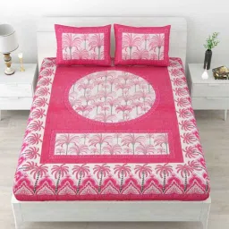 uniqchoice Pink Floral 120 TC Cotton Queen Sized Bedsheet with 2 Pillow Cover-picture-2