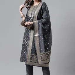 RAJGRANTH Grey & Gold Floral Woven Design Sequinned Kurta With Trousers & Dupatta image 2