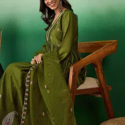 Sangria Olive Green Zari Sequence Embroidered A-Line Kurta With Palazzos & Dupatta image 2
