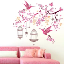 100 cm Wall Stickers Floral Branch Pink with Birds Butterflies & Lamps For Bedroom Self Adhesive Sticker-image-82