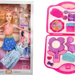 Combo Of Shine Moveable Doll Set With Beauty Set (Plastics Suitcase) for Girls-image-55