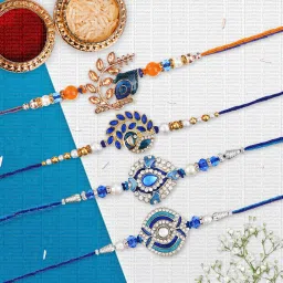 Designer LMR-R-2-7-8-10 Mauli Thread, Pearl, Kundan, Gold Finish Rakhi, Chawal Roli Pack, Greeting Card Set-image-77