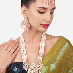 Zaveri Pearls Gold-Plated Kundan-Studded & Beaded Long Jewellery Set With Maang Tikka-image-98