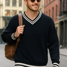bewakoof Men Solid V Neck Blue Sweater-picture-43