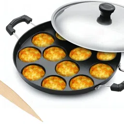 Gunta Ponganalu Maker Non Stick Pan with Lid | Iron Cookware | Non-Stick Coated Paniarakkal with Lid 0.5 L capacity 23 cm diameter-image-59