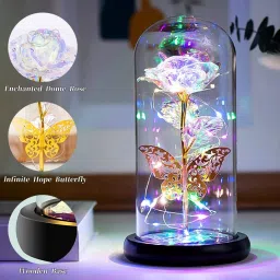 Colorful Flower Rose Gift Led Light On Galaxy Rose in Glass Dome Best Gift Decorative Showpiece - 8 cm-image-3